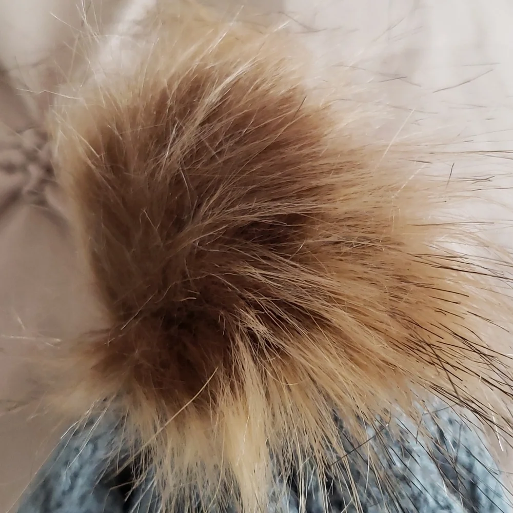Blue Gray Knit Baby Beanie with Faux Fur Pom